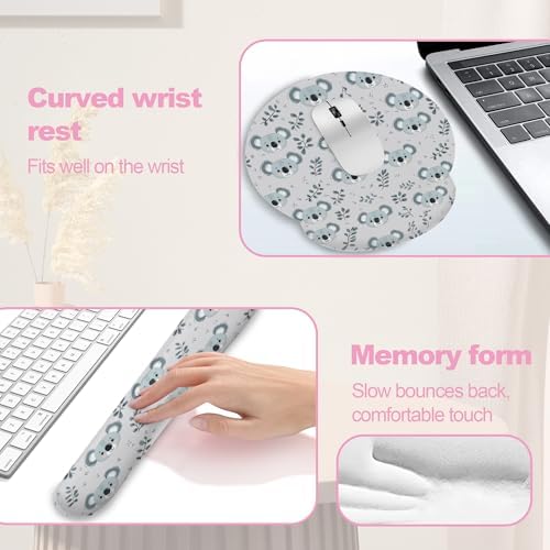Cute Koala Eucalyptus Leaf Keyboard Wrist Rest Pad Mouse Pad Set,Ergonomic Mousepad Wrist Support Memory Foam Desk Pad for Gaming Office,Non-Slip Rubber Base Easy Typing for Home Office Computers