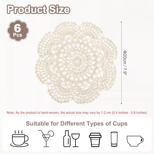 uxcell 6 Pcs Crochet Handmade Cotton Placemat Doilies for Table 7.9" Beige