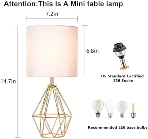 SOTTAE Gold Table Lamps Set of 2, Small Gold End Table Lamp with White Fabric Shade,Bedside Nightstand Lamp with Geometric Metal Design,Modern Desk Lamp for Living Room Bedroom