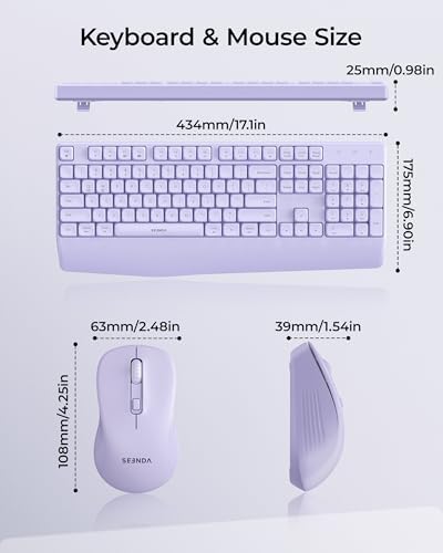 seenda Wireless Bluetooth Ergonomic Keyboard Mouse Combo, Full Size, Purple