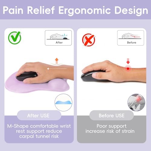 Mouse Pad with Wrist Rest Ergonomic Mouse Pad with Comfortable M-Shape Pain Relief Wrist Support Non-Slip PU Base Mousepad for Laptop, Office & Home (Plum)