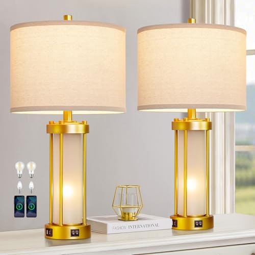 RORIA Modern Table Lamps for Living Room Set of 2 with 2 USB Ports