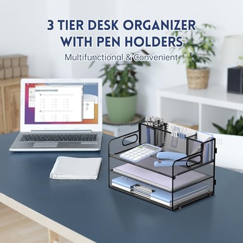 3-Tier Desk Organizer with Pen Holder and Handles, Paper Organizer, Black