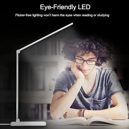 LED Desk Lamp with USB Charging Port, 5 Color Modes, 10 Dimmable Brightness Levels, Eye-Caring Reading Light, Touch Control & 30/60 min Auto Timer, Silver