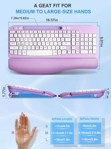 Hayyiesh Ergonomic Wave Keys Wireless Keyboard and Mouse Combo, Full Size with Memory Foam Wrist Rest & Phone Holder, 2.4G Cordless Set with USB-C Adapter for Windows Mac Desktop Laptop (Purple)