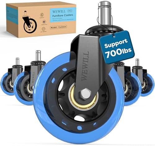 WEWILL Office Chair Wheels - Rubber Casters Replacement Universal Fit 98% Chair(Set of 5) Heavy Duty 3 Inch Smoothly & Quietly Safe for All Floor, Hardwood, Tile, Carpet, Noise Free - Blue
