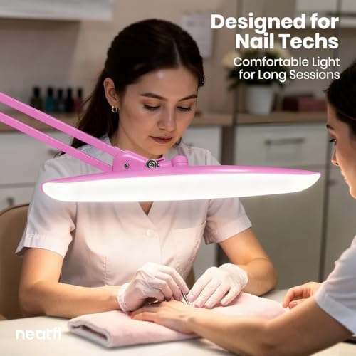 Neatfi XL 2200 Lumens 24W LED Desk Lamp – Shadow-Free Task Lighting | 4-Level Dimming | Home Office & Crafts Use | 20-Inch Wide Head (Pink, Non-CCT with Clamp)