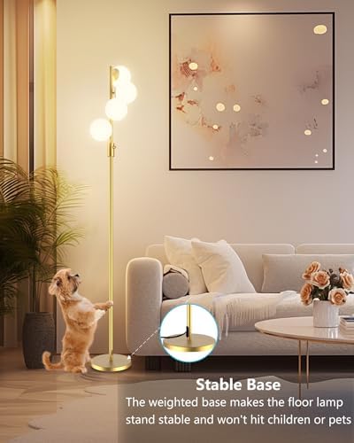 Mid Century Modern 4 Globe Gold Floor Lamp, Dimmable Standing Lamp with 3000K Warm White Bulbs Included, Tall Ambient Floor Lamp for Living Room Bedroom Home Office Sofa Beside Corner Decor