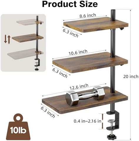 3 Tiers Clamp On Desk Shelf, 360° Angle Adjustable Desktop Shelf Organizer for Home Office Gaming Room, No Drill Desk Extender Adapt to 0.4-2.16 inches Table Thick, Black Brown