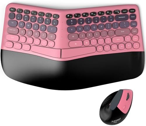 MOFII Wireless Ergonomic Keyboard and Mouse Combo, Split Curved Keyboard with Wrist Rest, Vertical Mouse, 2.4G, for PC Laptop Desktop Mac- Pink Gradient Colorful