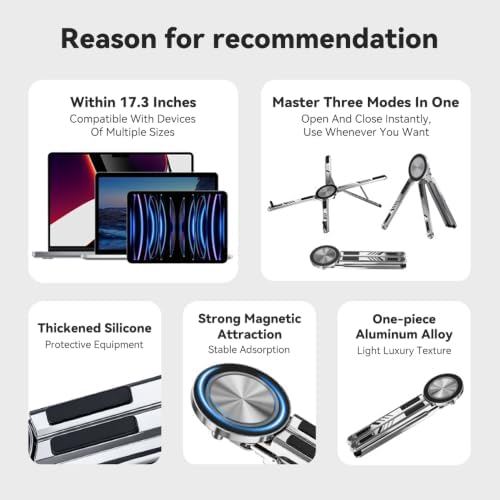 Portable Laptop Stand, Aluminum Foldable Adjustable Laptop Lifter with Magnetic Phone Stand, Compatible with 10-16 inch laptops, 4-13 inch Phones, and Tablets，(Grey)