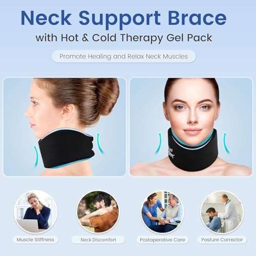 Soft Neck Brace with Hot and Cold Gel Pack – Adjustable Cervical Collar for Men & Women, Breathable Neck Support with Reusable Gel Ice Pack for Comfort at Home, Office & Travel, 2-Piece Set