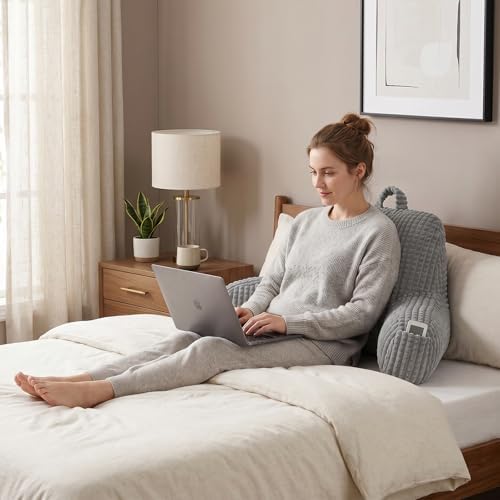 Reading Pillow with Arms for Sitting in Bed,Backrest,Gray Flannel,M