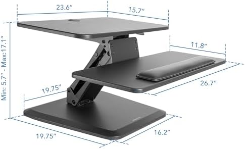 Mount-It! Compact Standing Desk Riser, Height Adjustable Desktop Sit Stand Workstation with Gas Spring, Tabletop Stand Up Desk with Keyboard Tray, Black
