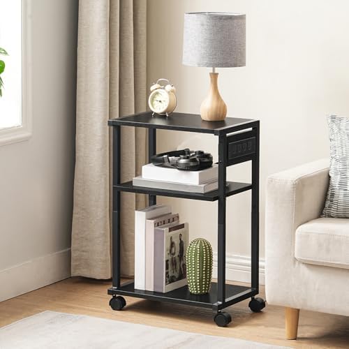 HOOBRO Industrial Printer Stand with Charging Station, 3-Tier Printer Table, Rolling Printer Cart with Adjustable Shelf and Hook, Black BB28UPS01