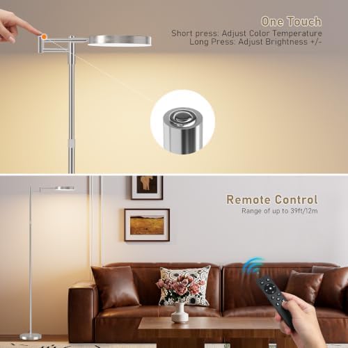 SIBRILLE LED Floor Lamp, 18W Adjustable Height Floor Lamp with Remote Control& 3 Color Temperatures, 350 Degree Swing Arms, Modern Dimmable Standing Lamp for Reading, Sewing and Craft, Brushed Nickel