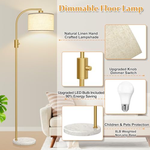 Nintiue Upgraded Modern Arc Dimmable Tall Standing Floor Lamp with Marble Base & Linen Shade, 1200 Lumens LED Bulb Included, for Living & Reading Room, Bedroom, Office & Nursery, Gold