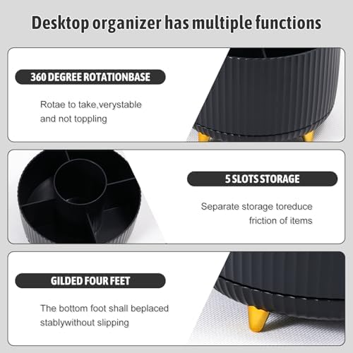 Gawsey Black Desk Organizers and Accessories with Desk Organizer 360° Rotating Pen Holder and Office Supplies, Cute Stationery Supplies Set