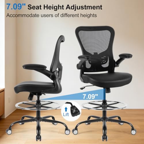 Drafting Chair Tall Office Chair 300lbs Ergonomic Standing Desk Chair with Lumbar Support and Adjustable Footrest Ring, Comfy Mesh Rolling Chair with Flip-up Armrests, Black