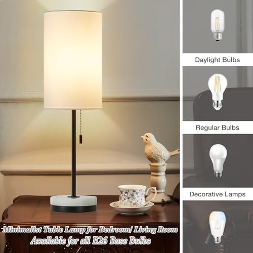 Luvkczc 18" Minimalist Table Lamp Set of 2, Nightstand Lamp for Bedroom Living Room, Modern Pull Chain Bedside Lamp with Marble Base, Fabric Shade, Small Desk Lamp for Home, Office, Reading