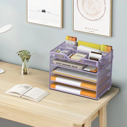 5 Tier Paper Letter Tray Desk Organizer with Pen Holders - Purple