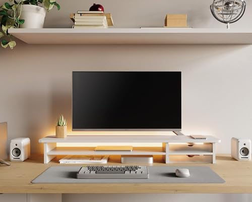 Fenge Monitor Stand, Desk Computer Riser with Frosted Storage Drawer, White
