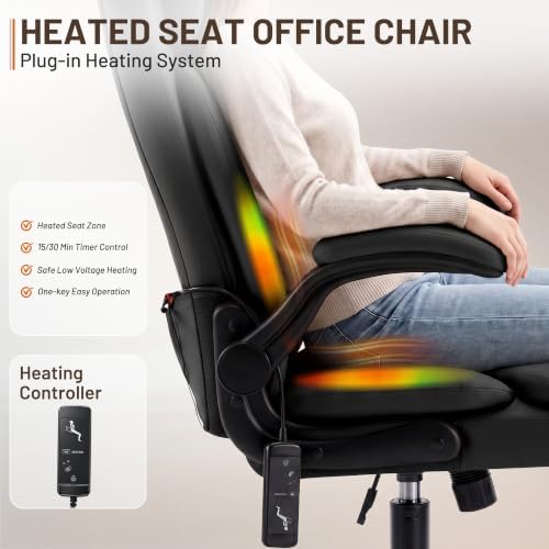 Heated Office Chair, Reclining Desk Chair with Constant Warm Heat, Big and Tall Executive PU Leather Chairs for Heavy People, Ergonomic Wider & Thicker Seat Cushion Gaming Chairs (Black)
