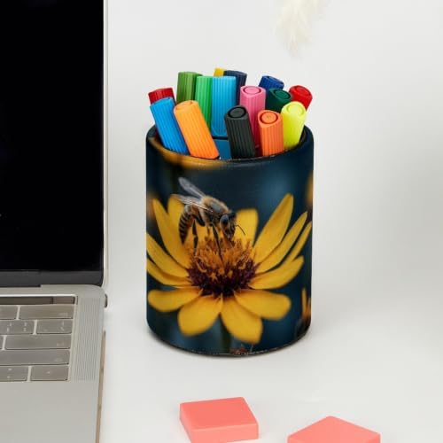 Leather Pen Holder for Desk, Honeybee Pencil Cup Pen Organizer Makeup Brush Holder for Office Home Kids Countertop Desk Accessory Storage