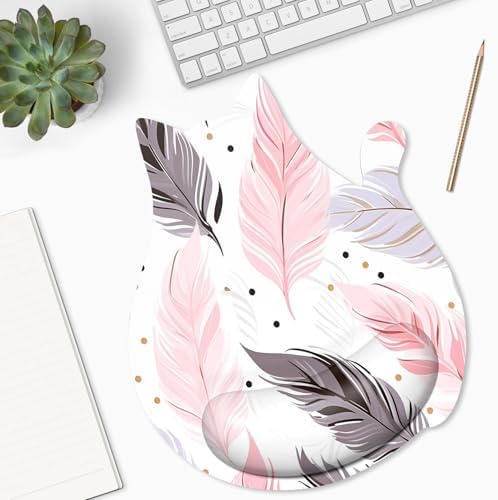Ergonomic Mouse Pad with Wrist Rest, Cute Cat Memory Foam Padded Pain Relief Non-Slip Wrist Support Mouse Mat for Gaming Work Computer Laptop, Funny Office Supplies Desk Accessory, Plume