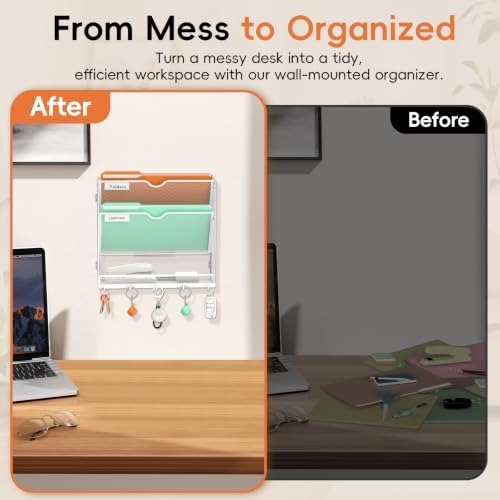 Wall File Holder Hanging Wall File Organizer, Wall Mount Mail Holder and Paper Organizer with Bottom Shelf & 5 Hooks for Office Home School (3-Tier White)