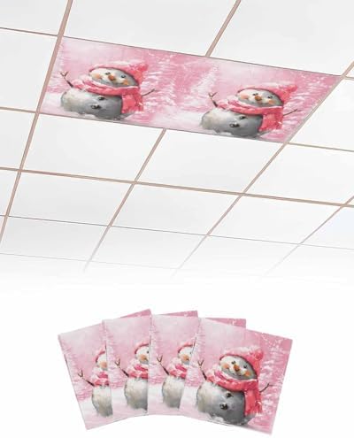 Pink Snowman Magnetic Fluorescent Light Covers for Ceiling Lights 2 x 4 Feet,Christmas Tree Forest Vintage Painting Office Classroom Kitchen Drop Ceiling Light Covers Filters Shade Panel 4 Packs