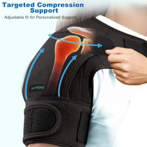 KONSEDIK Shoulder Brace Immobilizer with Ice Pack,Compression Rotator Cuff Support for AC Joint Pain Relief,Frozen Shoulder,Dislocation,Labrum Tear,Adjustable Wrap for Men&Women Left/Right(Black,Large)