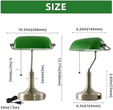 Banker Desk Lamp Green Glass, Antique Desk Lamps with Brass Base, Traditional Library Table Lamp with USB A and Type C Charging Port for Office, Study Room, Pull Chain Switch
