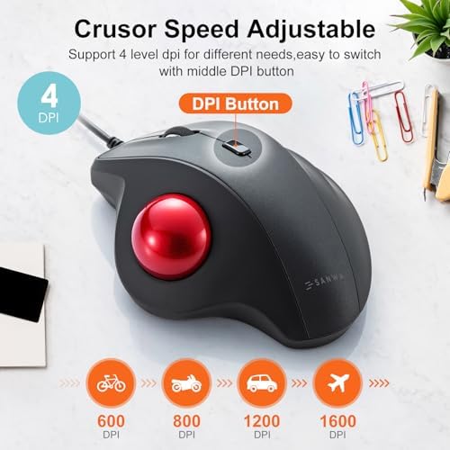 SANWA Wired Trackball Mouse, USB-C/A Port, Silent Clicks, Programmable, Red