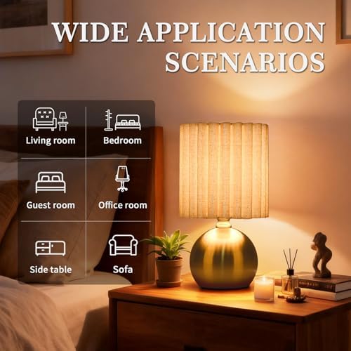 Ziqqeelam Gold Small Table Lamp with Scalloped Linen Shade, Mini Brass Gold Table Lamp for Bedroom Nightstand, Cute Desk Night Light for Living Room, Bookshelf, Kitchen Counter, Kids Room, Office
