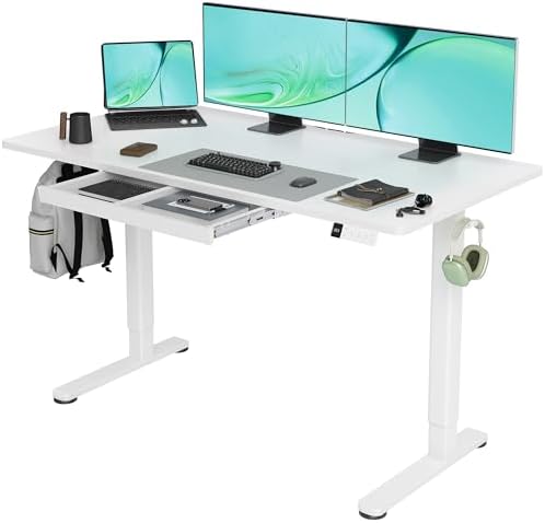 Claiks Electric Standing Desk with Drawers, 55x24 Inch White