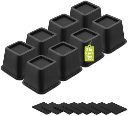 8 Pack Furniture Risers 3 Inch, Bed Risers Heavy Duty for Table Desk Couch Chair Sofa Cabinet Bed Frame Dorm, Square Table Leg Risers Lift Height 3", Black