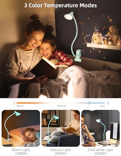 LiFMIRA Reading Light for Bed, Clip-on Desk Lamp 3 Color Modes Teal