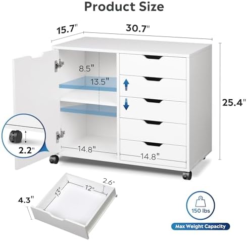 DEVAISE 5-Drawer Wood Drawer Cabinet, Office Storage Cabinet, White
