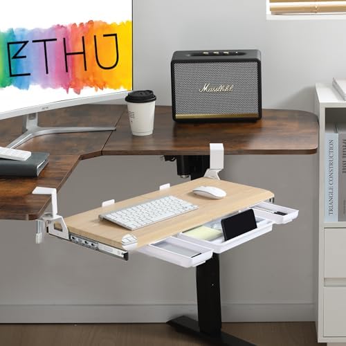 ETHU Corner Keyboard Tray Under Desk with Metal Rail, 26.8x11.8", Oak