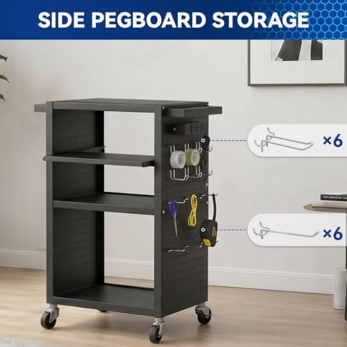 Mobile AV Cart with Pullout Keyboard Tray Media Utility Cart with Pegboard Hooks 4 Outlets & Push Handles Rolling Computer Cart with Lock Brake Wheels Mobile Computer Workstation