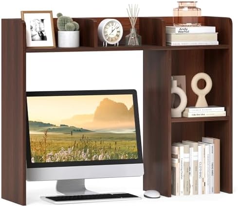 GIANTEX Desktop Bookshelf, Wood Desk Hutch Organizer for 27 Inch Computer Monitor, Countertop Storage Display Rack with 5 Shelves, Multipurpose Desktop Shelf Bookcase for Dorm Office Home, Walnut