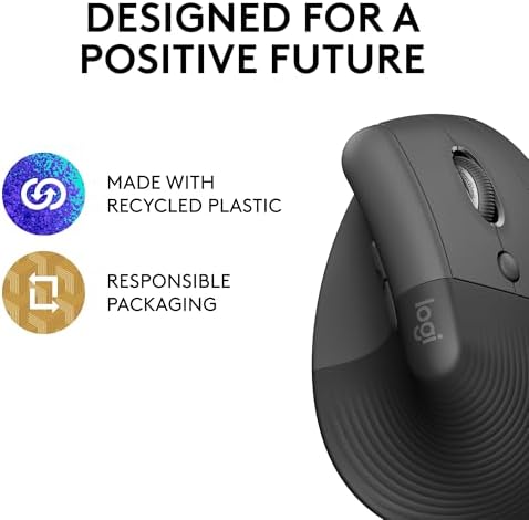 Logitech Lift Vertical Ergonomic Mouse, Wireless, Bluetooth or Logi Bolt USB Receiver, Quiet clicks, 4 Buttons, Compatible with Windows/macOS/iPadOS, Laptop, PC - Graphite (Renewed)