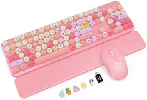 Wireless Keyboard and Mouse Combo, Magnetic Wrist Rest, Round Keycaps, Pink