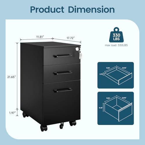 MIIIKO File Cabinet 3 Drawers on Wheels Under Desk, Black Metal File Cabinets with Lock for Home Office, Filing Cabinet with Lock(Un-Assembled)