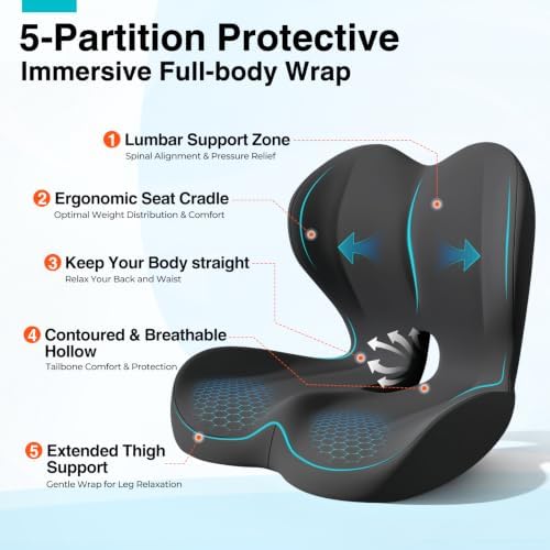 Seat Cushion for Office Chair and Car, L-Shaped Memory Foam Seat Cushions, Ergonomic Sciatica & Tailbone Pain Relief Cushion with Non-Slip Breathable Cover, Back Support for Office Chair-Dark Gray