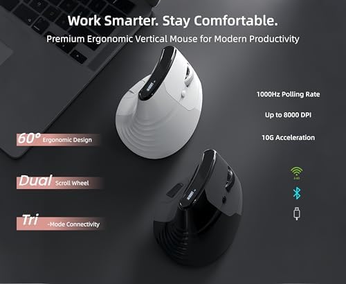Ergonomic Vertical Mouse, Dual Scroll, Tri-Mode, OLED Display