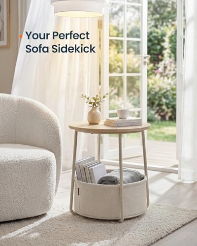 SONGMICS HOME Small Side Table, Round End Table, 2 Tier Nightstand with Basket, U Shaped Steel Legs, Easy Assembly, for Living Room, Bedroom, Beige and White