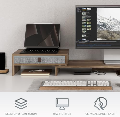 Fenge Triple Monitor Stand with Storage Drawer, Adjustable Length and Angle