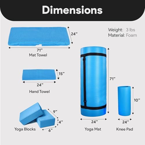 BalanceFrom 7-Piece Yoga Set with 71x24x0.5 Inches Extra Thick Mat and Carrying Sling – Includes 2 Blocks, Stretch Strap, 2 Towels, and Knee Pad for Home, Studio, and Gym Workouts
